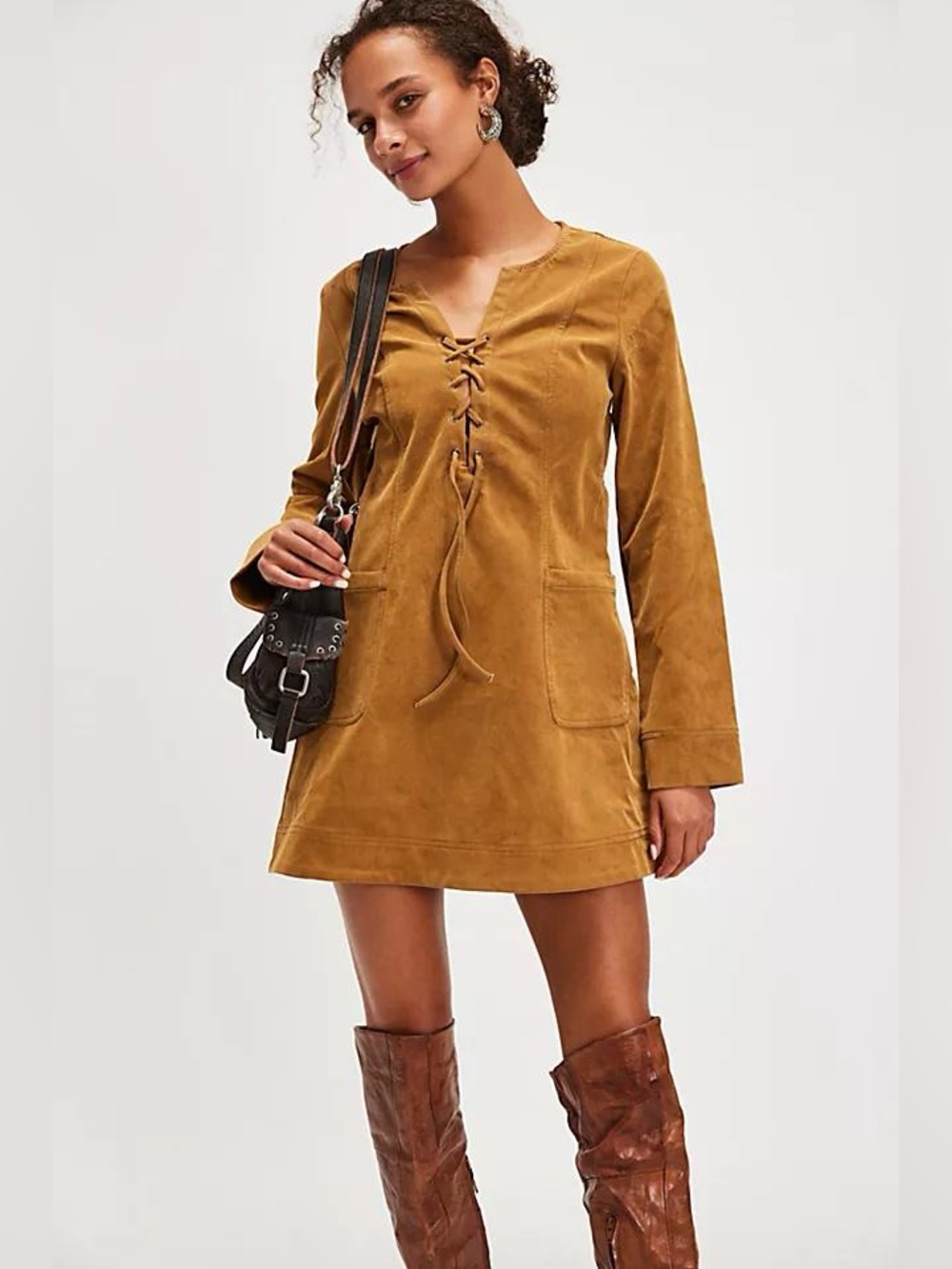Free People Bradley Faux Suede Mini Dress in tobacco brown size XS